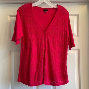 PL Talbots Hot Pink V-Neck Lace-Front Short-Sleeve Cardigan
